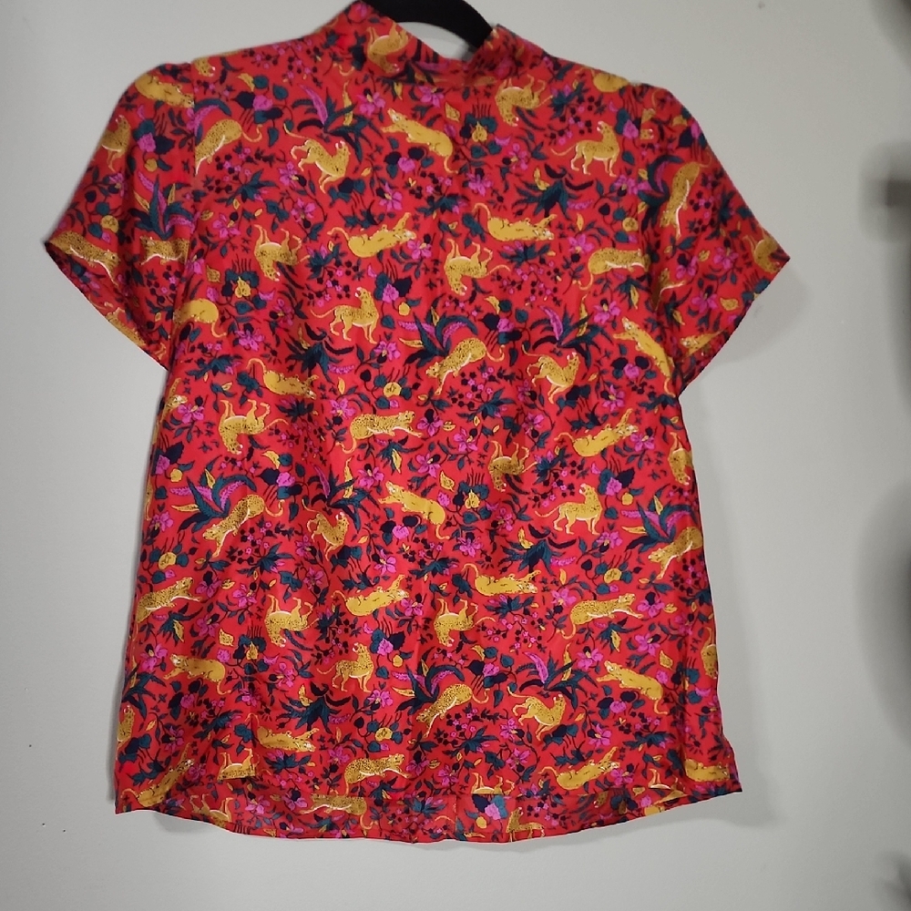 J. Crew Red and Yellow Blouse with Animal Print